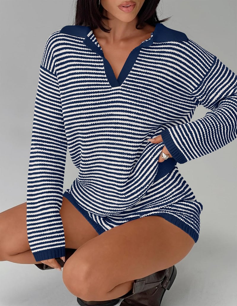 MEROKEETY Lounge Sweater Sets for Women 2 Piece Outfits Casual Long Sleeve Striped Tops Shorts Matching Set, NavyWhite, Medium - Image 5