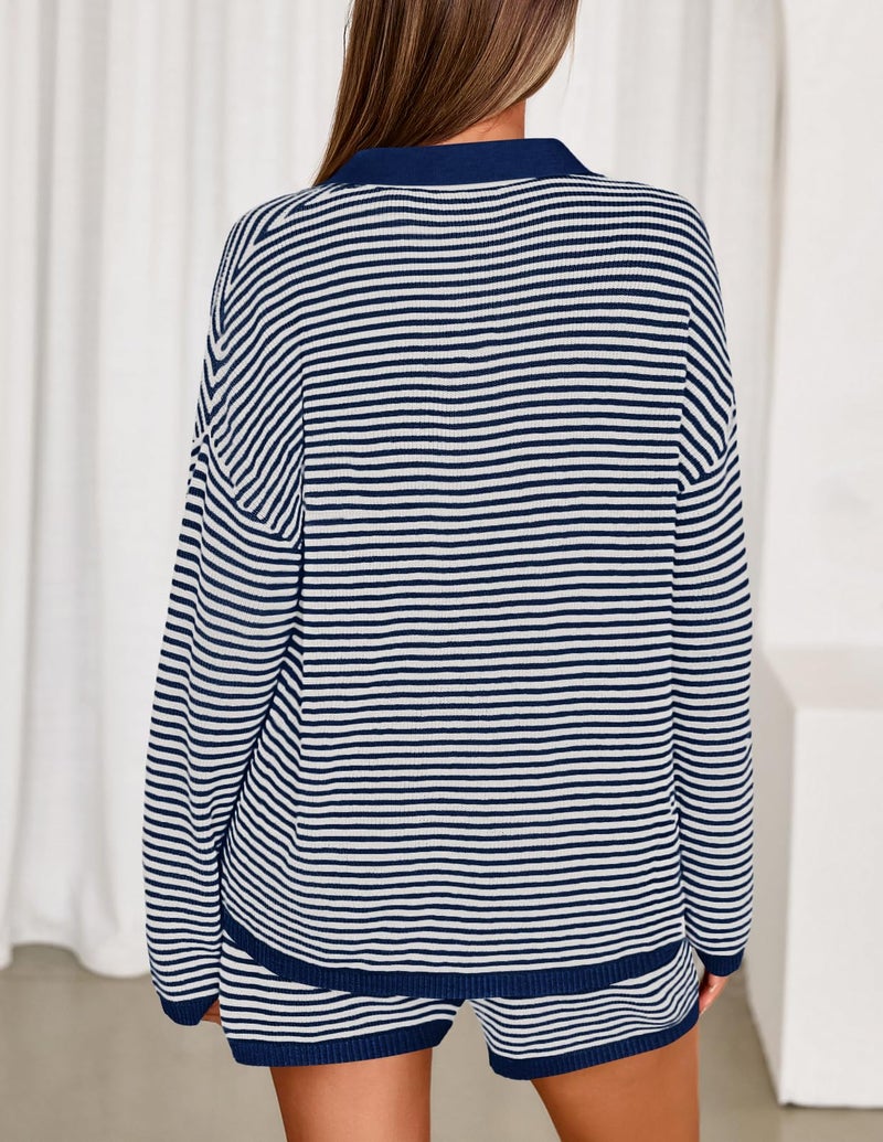 MEROKEETY Lounge Sweater Sets for Women 2 Piece Outfits Casual Long Sleeve Striped Tops Shorts Matching Set, NavyWhite, Medium - Image 4