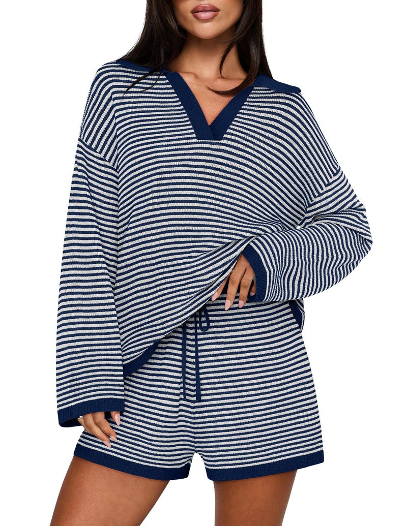 MEROKEETY Lounge Sweater Sets for Women 2 Piece Outfits Casual Long Sleeve Striped Tops Shorts Matching Set, NavyWhite, Medium - Image 1