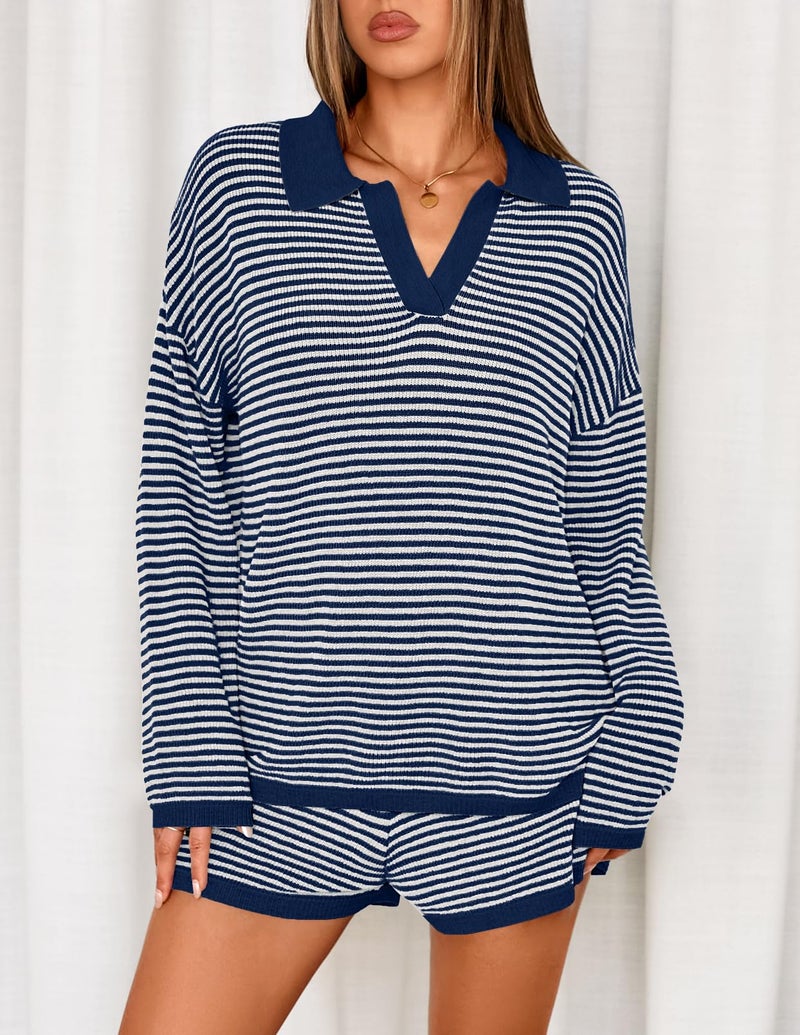 MEROKEETY Lounge Sweater Sets for Women 2 Piece Outfits Casual Long Sleeve Striped Tops Shorts Matching Set, NavyWhite, Medium - Image 3