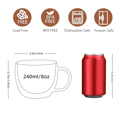 CNGLASS Double Wall Glass Cappuccino Mugs 8.1oz,Clear Insulated Glass Coffee Mug with Handle for Espresso,Latte,Tea,Set of 2 - Image 2