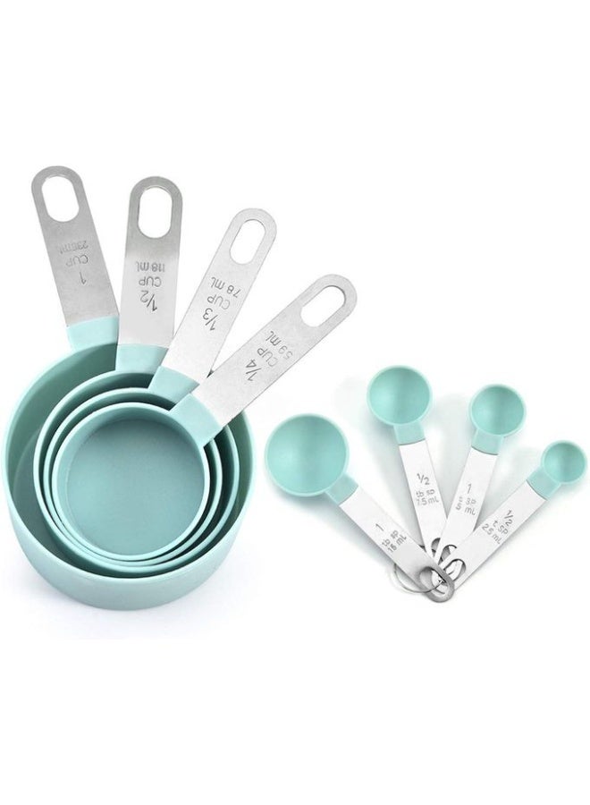 Measuring Cups and Spoons Set of 8, Stainless Steel Handles Stackable Precision Large Spoon for Measuring Dry and Liquid Ingredients, Plastic Head Teaspoon (Green) - Image 1