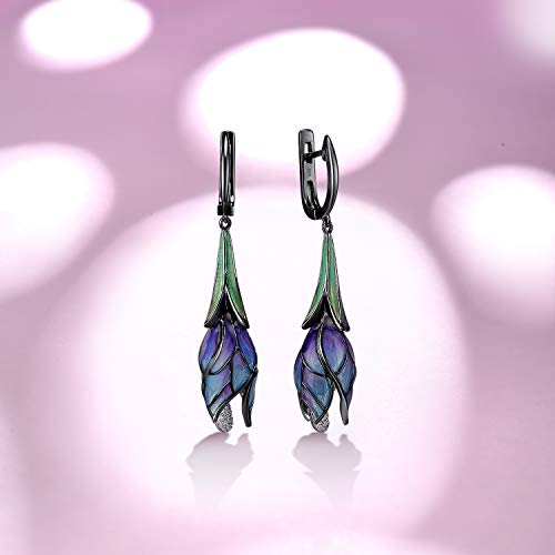 Santuzza Tulip Earrings 925 Sterling Silver Enamel Floral Drop Earrings Purple Flower Dangle Earrings for Women (Latch Back) - Image 2