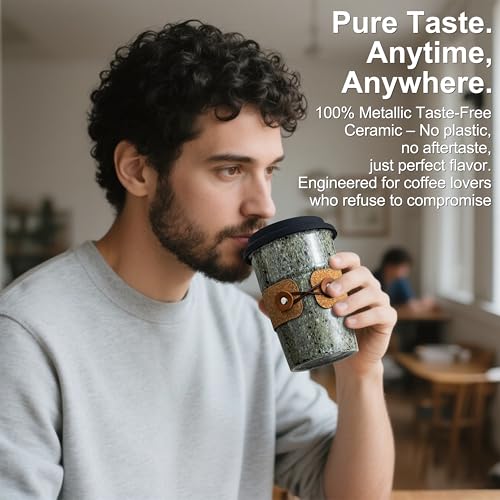 Cormomu Coffee Travel Mug, Spill Proof Coffee Tumbler, Ceramic mug, Microwave & Dishwasher Safe, Large Porcelain Coffee Cup, Tea Mug with Lid, Decorative Latte Cup for Men, 16.5 oz - Image 4