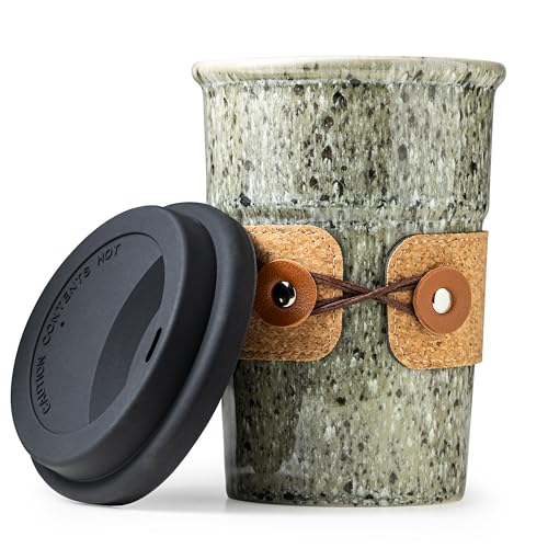 Cormomu Coffee Travel Mug, Spill Proof Coffee Tumbler, Ceramic mug, Microwave & Dishwasher Safe, Large Porcelain Coffee Cup, Tea Mug with Lid, Decorative Latte Cup for Men, 16.5 oz - Image 1