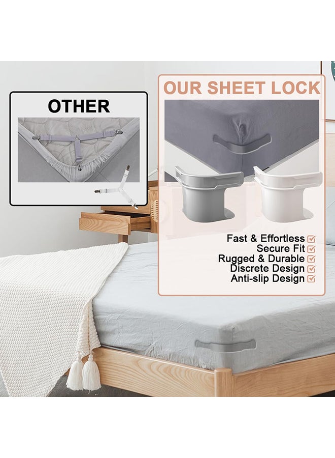 مجموعة حاملات ملاءات قابلة للقفل - عبوة من 4 حاملات ملاءات، تثبت ملاءات السرير بإحكام في مكانه، حامل ملاءات قوي التحمل، أشرطة ملاءات مثبتة في الزوايا تناسب جميع أحجام المراتب (4، رمادي) - Image 4