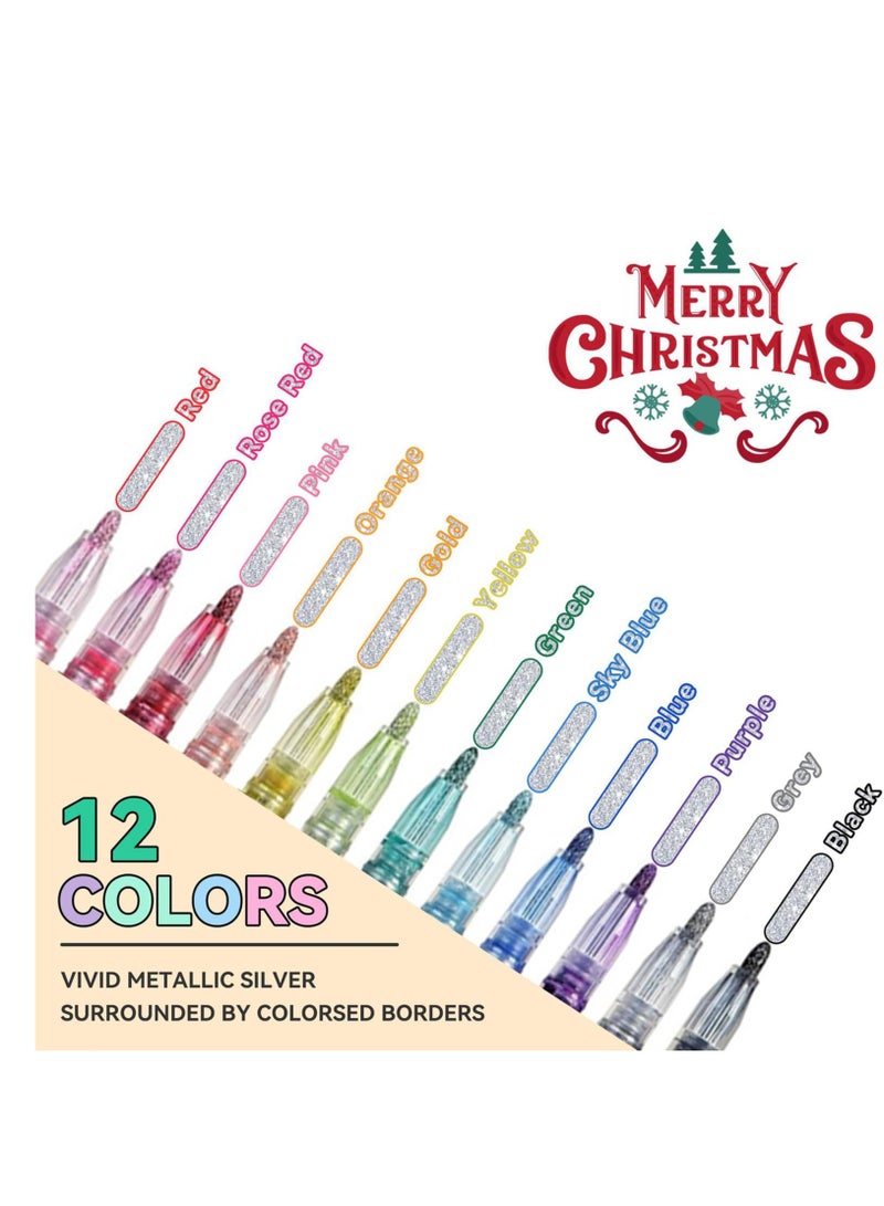 Generic Outline Highlighter Pen, 12 Colors, Double Line Glitter Shimmer Marker Pen, Portable Hand Account Planner Pen for Note-Taking Card Making DIY, 12Pcs  - Image 4