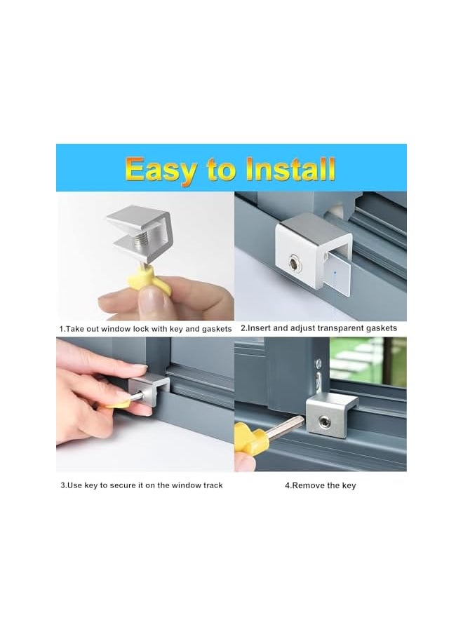 Window Locks, 4 Sets Sliding Security Window Lock with Key for Vertical&Horizontal Sliding Windows&Sliding Doors Stainless Steel Adjustable Window Locks Security for Patio Bedroom Home Office