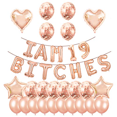Santonila 19th Birthday Party SetI am 19 Bitches Funny Banner Confetti Rose Gold Balloons for Girls 19 Years Old Birthday Decoration - Image 1
