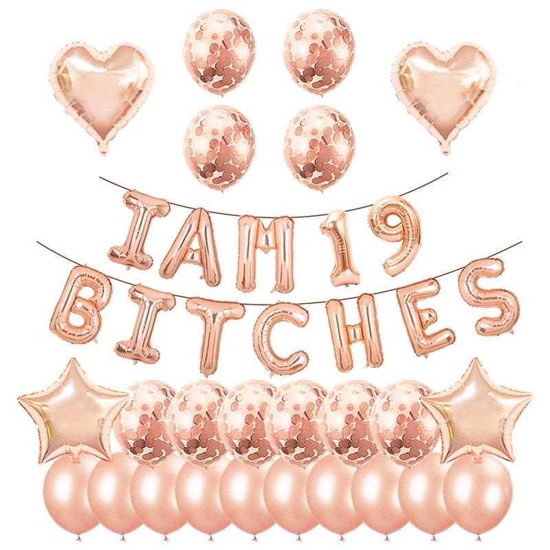 Santonila 19th Birthday Party SetI am 19 Bitches Funny Banner Confetti Rose Gold Balloons for Girls 19 Years Old Birthday Decoration - Image 3
