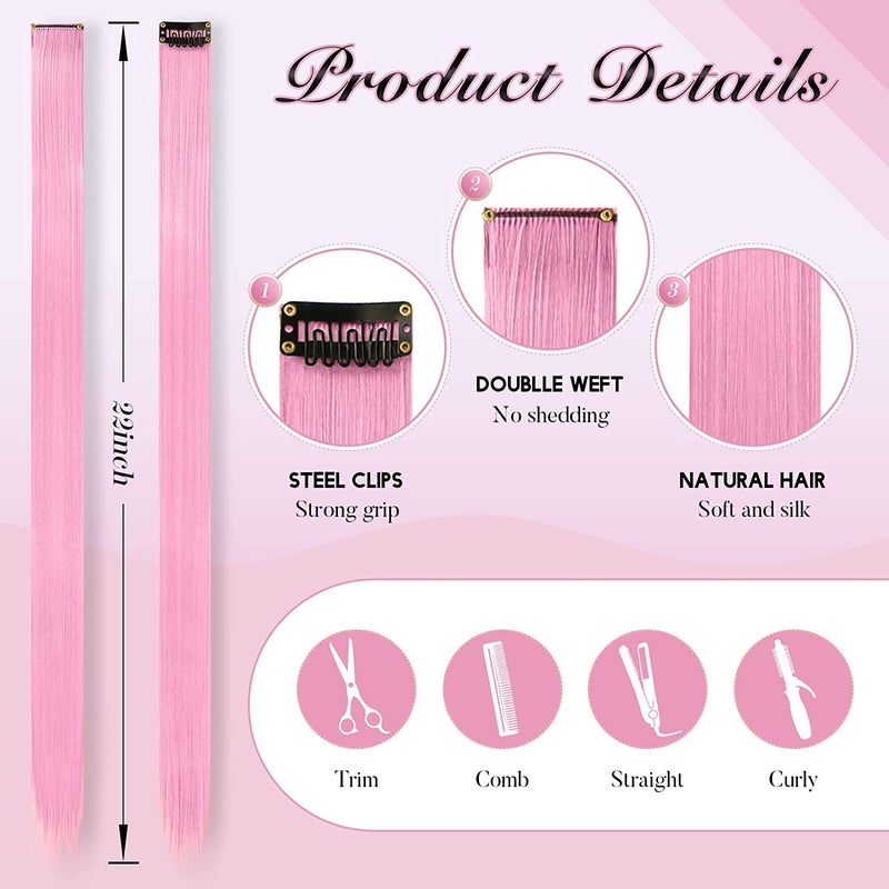 FESHFEN Colored Clip in Hair Extensions - 10 PCS Pink Highlighted Hair Piece Straight Synthetic Clip in Hairpieces for Women 22 inch - Image 4