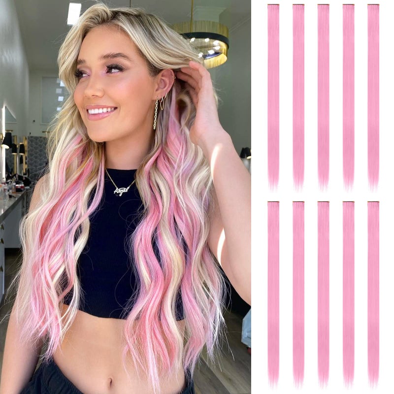 FESHFEN Colored Clip in Hair Extensions - 10 PCS Pink Highlighted Hair Piece Straight Synthetic Clip in Hairpieces for Women 22 inch - Image 1