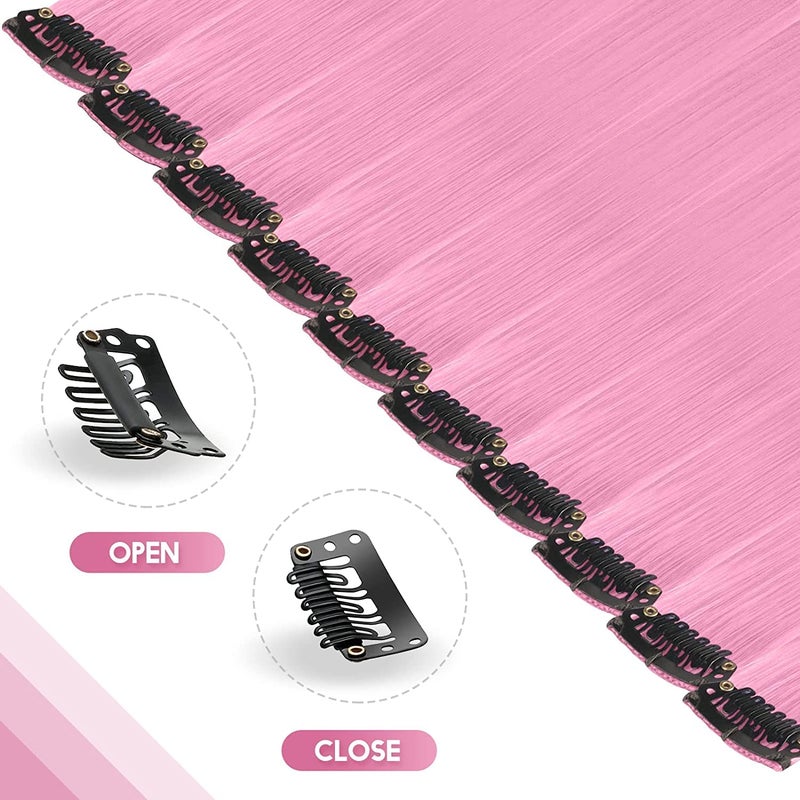 FESHFEN Colored Clip in Hair Extensions - 10 PCS Pink Highlighted Hair Piece Straight Synthetic Clip in Hairpieces for Women 22 inch - Image 3