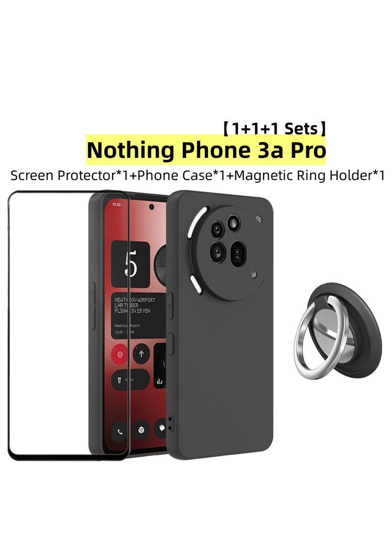 【1+1+1 Sets】for Nothing Phone 3a Pro Case & Screen Protector & Magnetic Ring Holder Frosted Pudding Material TPU Cover with Tempered Glass Screen Protector,Ring Holder Suitable for Car Magnetic Attraction - Image 1