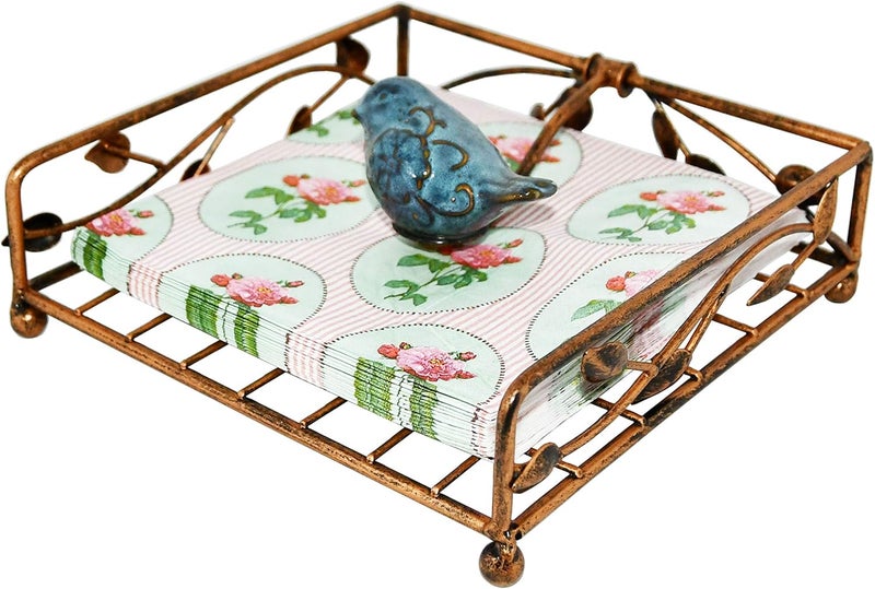 OwlGift Collection Bronze Coated Metal Flat Napkin Holder Dispensing Stand wCeramic Bird Kitchen and Countertop Flat Napkin Storage Organizer - Image 1
