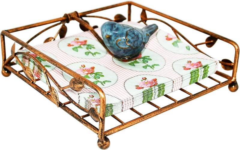 OwlGift Collection Bronze Coated Metal Flat Napkin Holder Dispensing Stand wCeramic Bird Kitchen and Countertop Flat Napkin Storage Organizer - Image 3