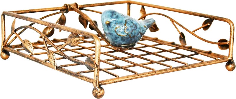 OwlGift Collection Bronze Coated Metal Flat Napkin Holder Dispensing Stand wCeramic Bird Kitchen and Countertop Flat Napkin Storage Organizer - Image 4