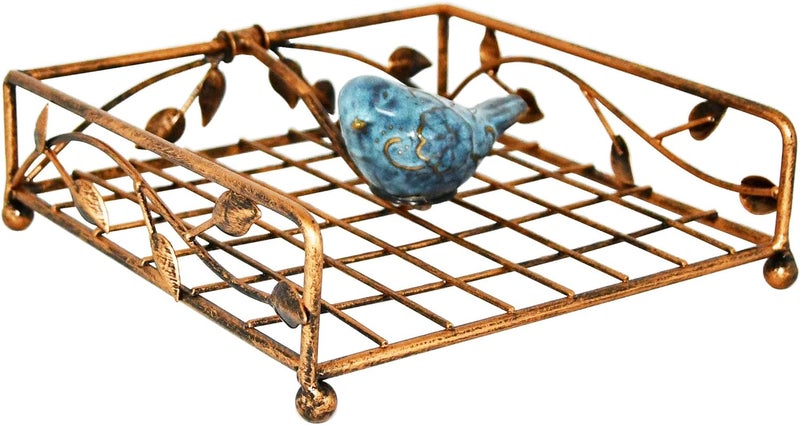 OwlGift Collection Bronze Coated Metal Flat Napkin Holder Dispensing Stand wCeramic Bird Kitchen and Countertop Flat Napkin Storage Organizer - Image 2