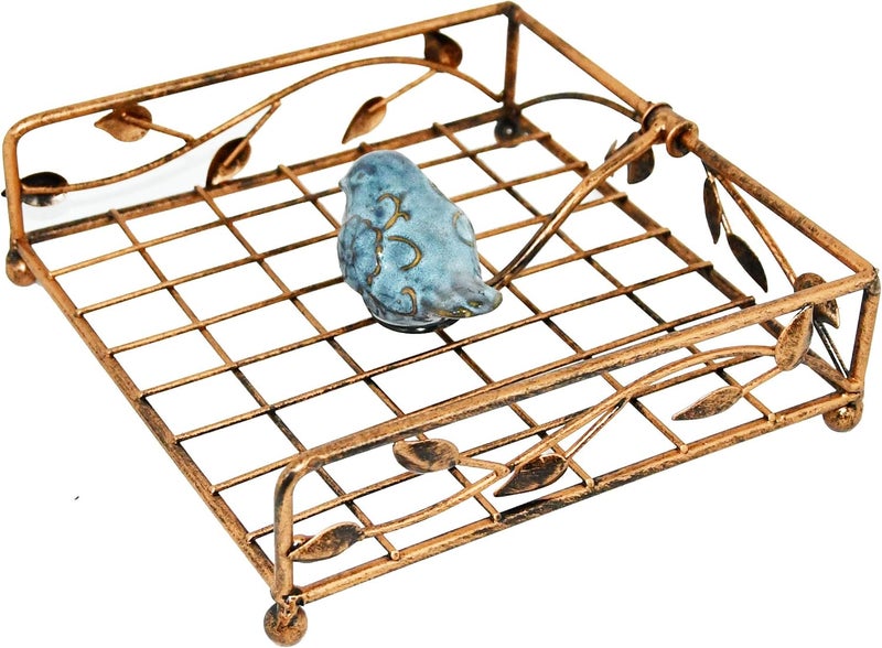 OwlGift Collection Bronze Coated Metal Flat Napkin Holder Dispensing Stand wCeramic Bird Kitchen and Countertop Flat Napkin Storage Organizer - Image 5