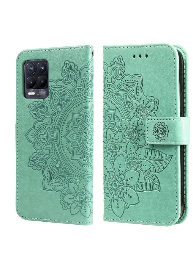 HuHa Case Cover For Realme 8 / Realme 8 Pro 7-petal Flowers Embossing Pattern Horizontal Flip PU Leather Case with Holder & Card Slots & Wallet & Photo Frame Green 