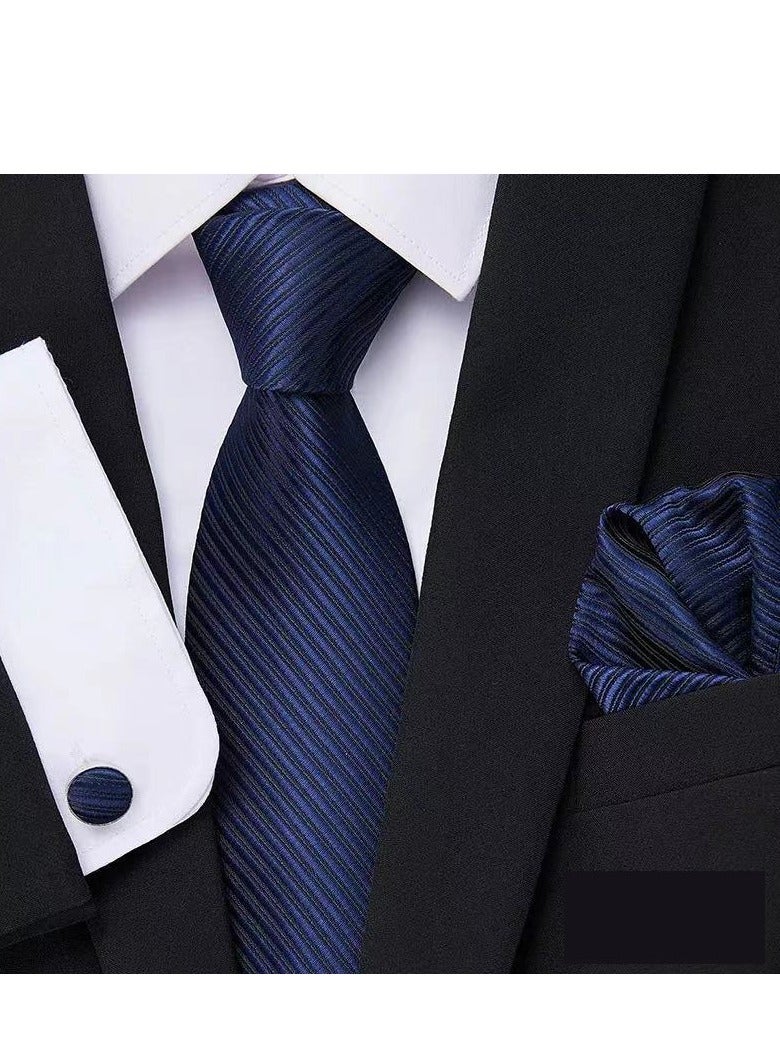Tanyaz Tie Pocket Square Cufflinks Set Wedding Plain Ties Extra Long Necktie for Men Silk Pinstriped Pocket Square Cufflink Wedding Business Formal - Image 2