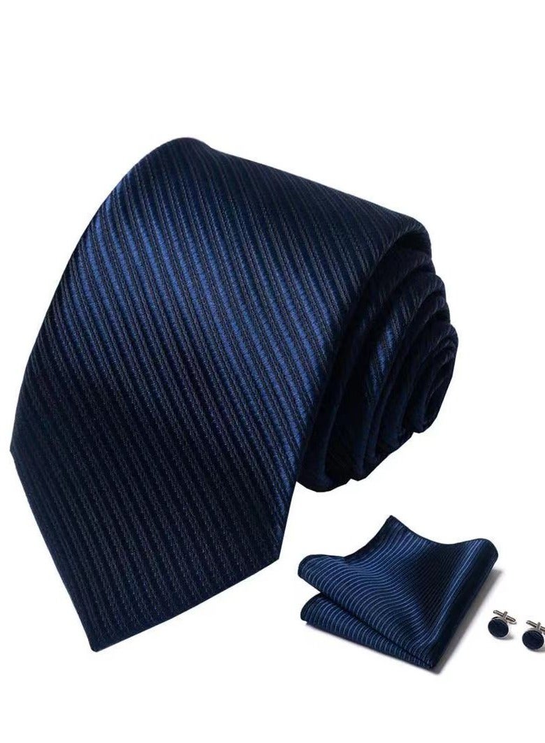 Tanyaz Tie Pocket Square Cufflinks Set Wedding Plain Ties Extra Long Necktie for Men Silk Pinstriped Pocket Square Cufflink Wedding Business Formal - Image 1