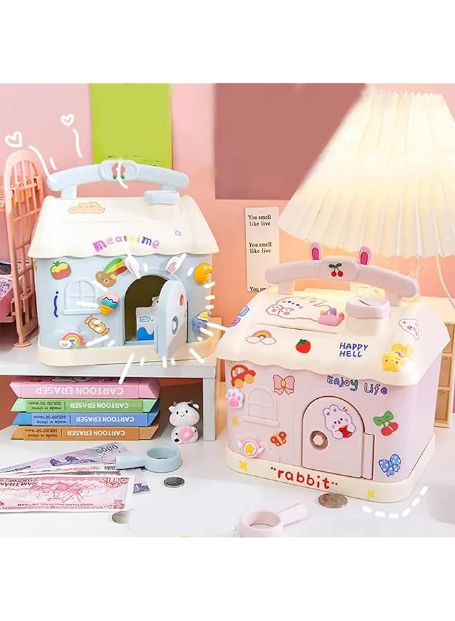 erorex Piggy Bank For Kids Cute Plastic Kids Money Bank House Shaped Cottage Piggy Bank With Diy Sticker And Key Lovely Piggy Bank For Kids To Save Money Children'S Birthday Gifts Blue - Image 5