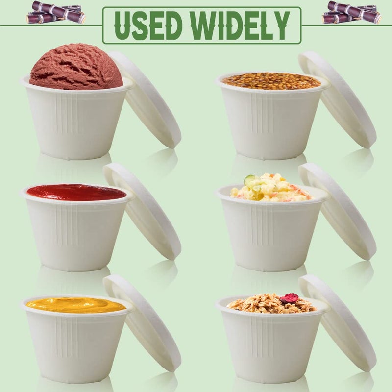 Vmiapxo 100 Pack 4oz Disposable Paper Cups with Lids, Ice Cream Cups, Natural Bagasse Fiber Recycleable Paper Bowls for Small Portion Condiments, Sauce, Souffle - Image 5