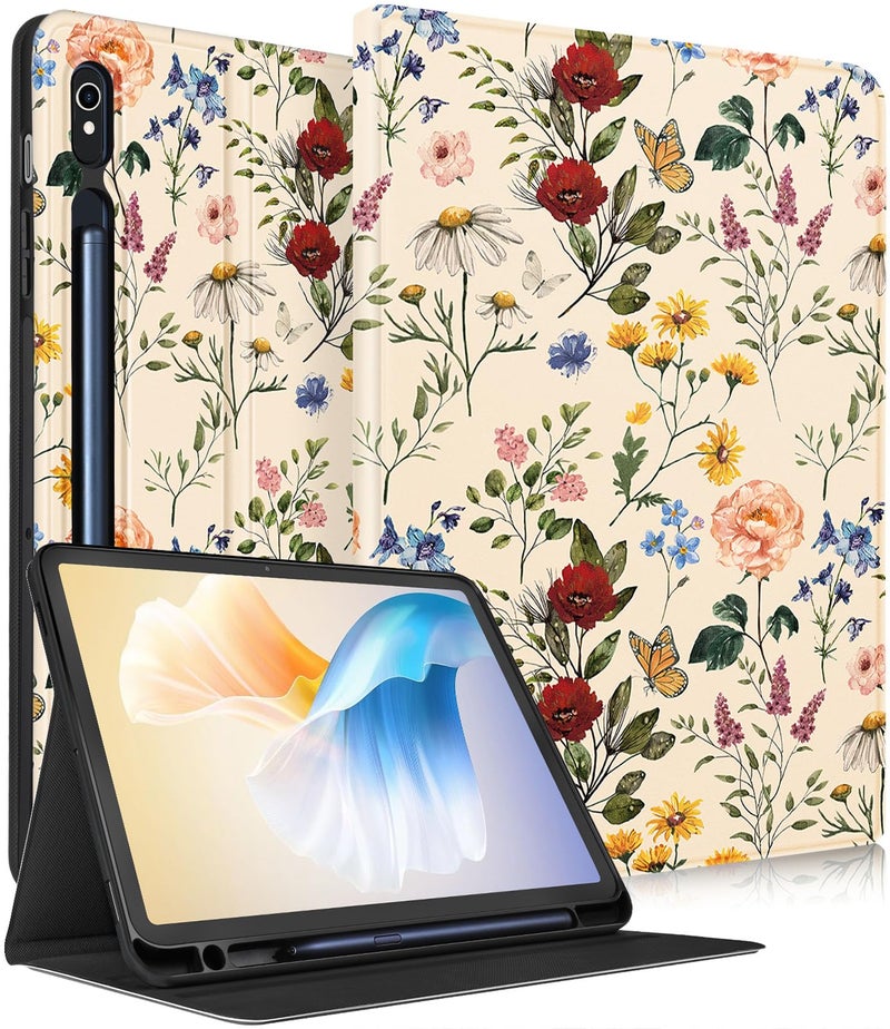 Wazzasoft for Samsung Galaxy Tab S10 Fe/S9 Fe Case - Tab S9 Case for Women Girls Cute Unique Design Girly Kawaii Flower Floral Pretty Folio Tablet Cover with Pencil Holder - Image 1