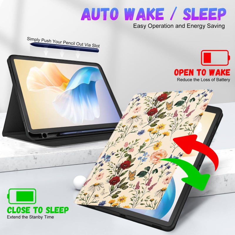 Wazzasoft for Samsung Galaxy Tab S10 Fe/S9 Fe Case - Tab S9 Case for Women Girls Cute Unique Design Girly Kawaii Flower Floral Pretty Folio Tablet Cover with Pencil Holder - Image 5