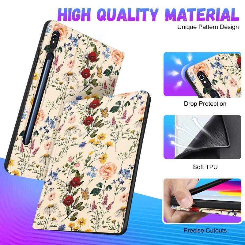 Wazzasoft for Samsung Galaxy Tab S10 Fe/S9 Fe Case - Tab S9 Case for Women Girls Cute Unique Design Girly Kawaii Flower Floral Pretty Folio Tablet Cover with Pencil Holder - Image 4