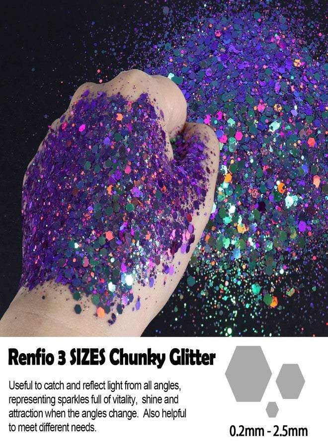 Renfio Chameleon Chunky Glitter Mixed Fine Powder Color Shift PET Flake Hexagon Glitters Sequins Resin Pigment Chips Dust for Slime Painting Craft Hair Body Beauty 1.75 Oz (50g) - Colorful Party - Image 2
