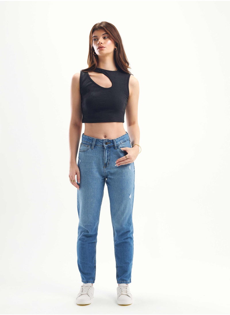 CIZARO High-Waist Medium Washed Degrade Scratched Mom-Fit.  - Image 1
