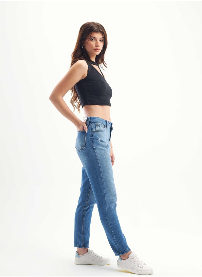 CIZARO High-Waist Medium Washed Degrade Scratched Mom-Fit.  - Image 2
