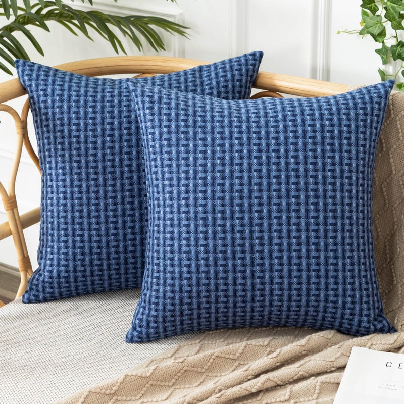 UGS UGASA UGASA Outdoor Waterproof Pillow Covers Pack of 2 Weaving Texture Water Resistant Outside Decorative Pillow Cases for Patio Garden Porch Yard Bench Tent 16x16 Inch  Navy Blue - Image 1