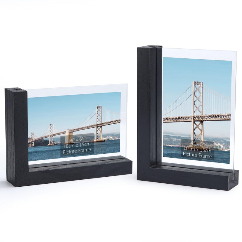 2 Pack 4x6 Picture Frames Made of Black Wooden L-shaped Base with Glass  Double Sided Display Photo Pictures 4 by 6 inch Vertical Horizontal for Tabletop Frame