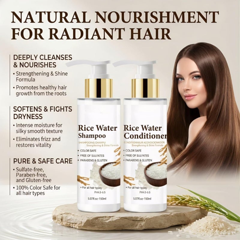 Temp & permanent project compatible Rice Water Shampoo and Conditioner Set, Strengthen & Nourish Damaged Dry Hair, Reduce Breakage, Deep Hydration for Silky Shine, Frizz-Control All Hair Types, 5.07 fl oz (150 ml) Multi-use upgraded craftsmanship - Image 2