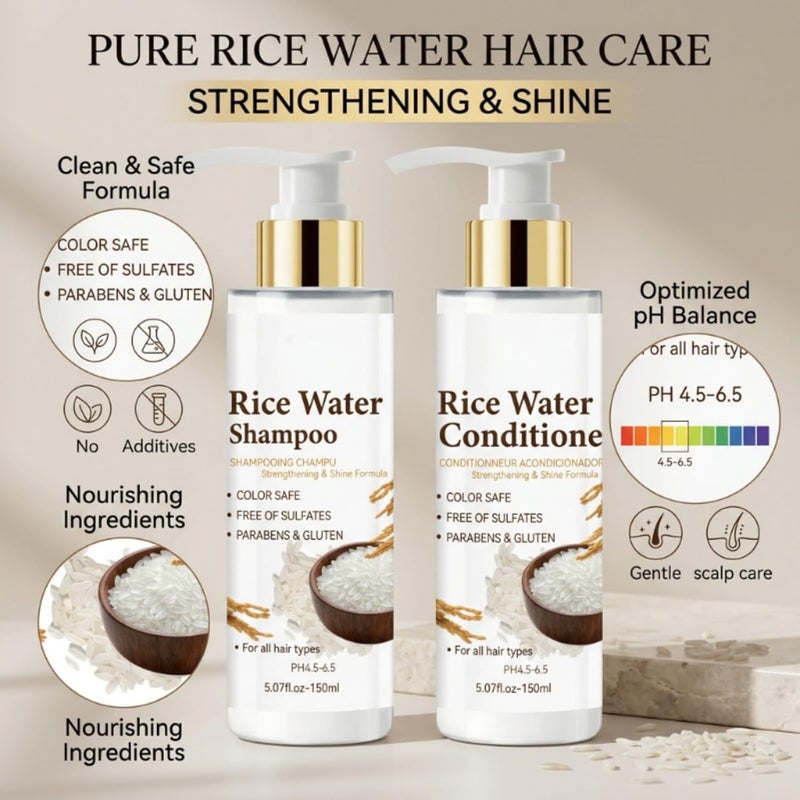 Temp & permanent project compatible Rice Water Shampoo and Conditioner Set, Strengthen & Nourish Damaged Dry Hair, Reduce Breakage, Deep Hydration for Silky Shine, Frizz-Control All Hair Types, 5.07 fl oz (150 ml) Multi-use upgraded craftsmanship - Image 5