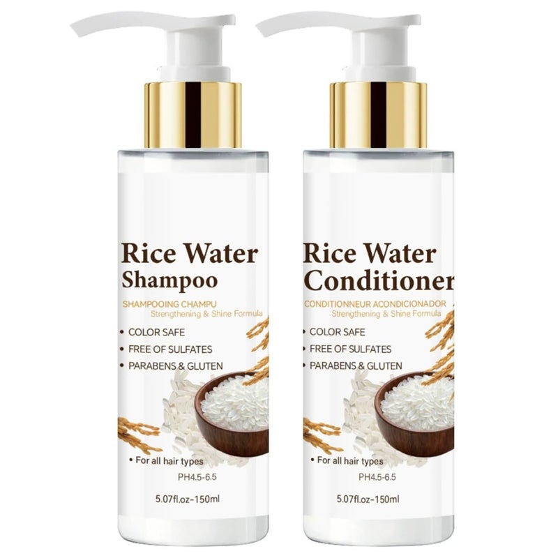 Temp & permanent project compatible Rice Water Shampoo and Conditioner Set, Strengthen & Nourish Damaged Dry Hair, Reduce Breakage, Deep Hydration for Silky Shine, Frizz-Control All Hair Types, 5.07 fl oz (150 ml) Multi-use upgraded craftsmanship - Image 1