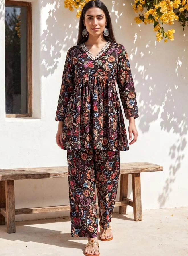 Globus Multi-Color Floral Peplum Tunic and Trouser Co-Ord Set
