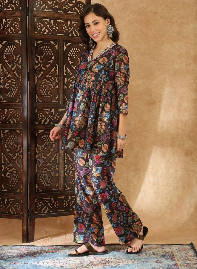 Globus Multi-Color Floral Peplum Tunic and Trouser Co-Ord Set