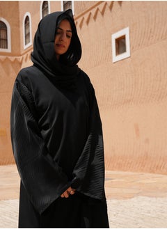 فاشون لاين عباية سوداء بأكمام من جاكارت بتصميم رقبة مفتوحة على شكل حرف V  - Image 2