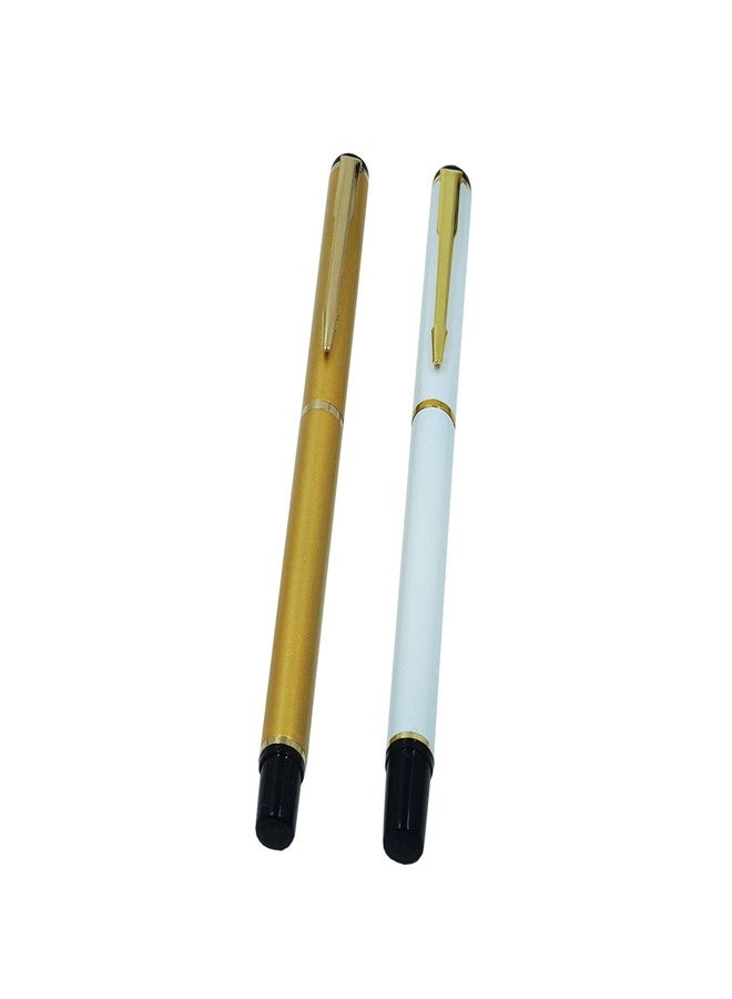 auteur 801 Golden & White Metal Roller Ball Pen With Gold Clip Stunning Luxury Best Gift For Men & Women Professional Executive Office, Nice Pens (Pack of 2, Blue Ink) - Image 1