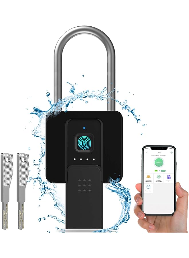 PROMASS PROMASS Fingerprint Padlock with Key Backup, Weatherproof Biometric Bluetooth APP Controlled Keyless Smart Electronic Long Shackle Combination Lock for Outdoor Fence Gate Pool Shed Gym Locker Yard  - Image 1