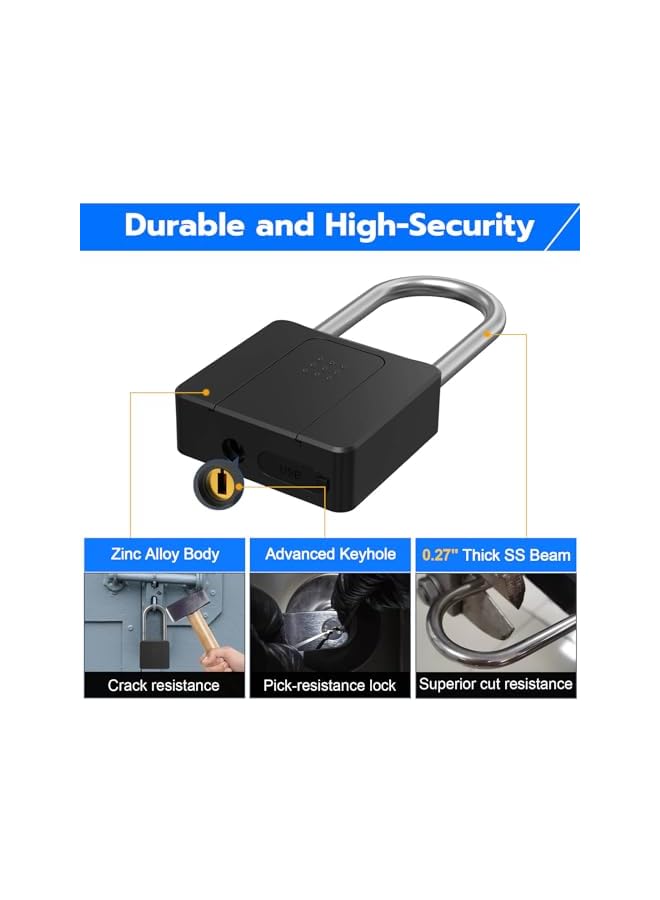 PROMASS PROMASS Fingerprint Padlock with Key Backup, Weatherproof Biometric Bluetooth APP Controlled Keyless Smart Electronic Long Shackle Combination Lock for Outdoor Fence Gate Pool Shed Gym Locker Yard  - Image 4