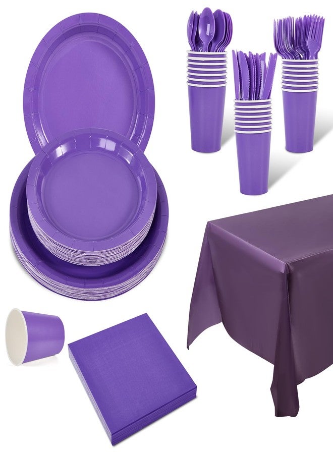 Ottin 169pcs Purple Paper Plates and Napkins Party Supplies Plastic Spoon Forks Knives Cups Tablecloth Disposable Decoration for Birthday Wedding Dinner Party Baby Shower Mother's Day Easter - Image 1