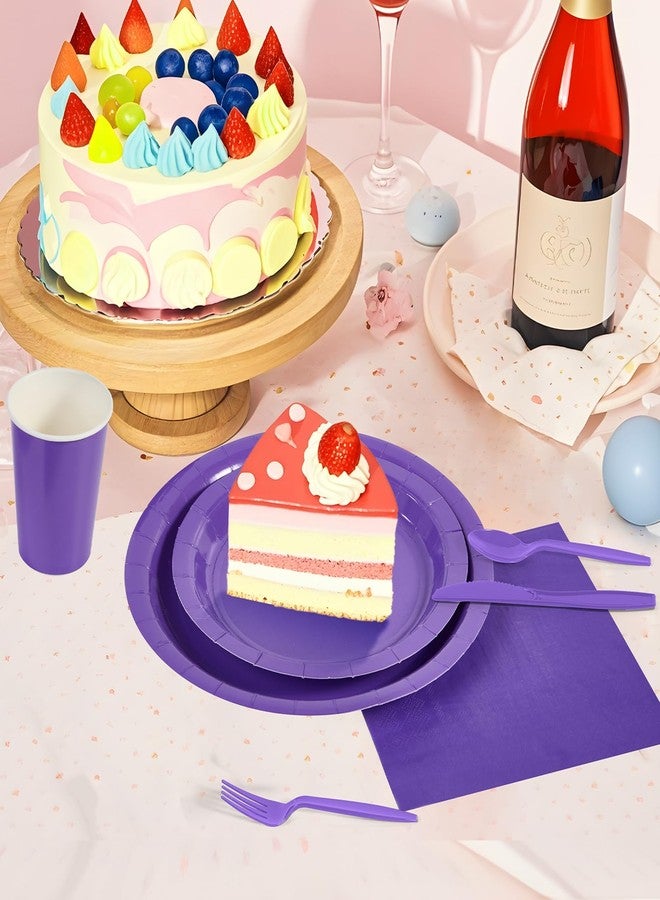 Ottin 169pcs Purple Paper Plates and Napkins Party Supplies Plastic Spoon Forks Knives Cups Tablecloth Disposable Decoration for Birthday Wedding Dinner Party Baby Shower Mother's Day Easter - Image 2