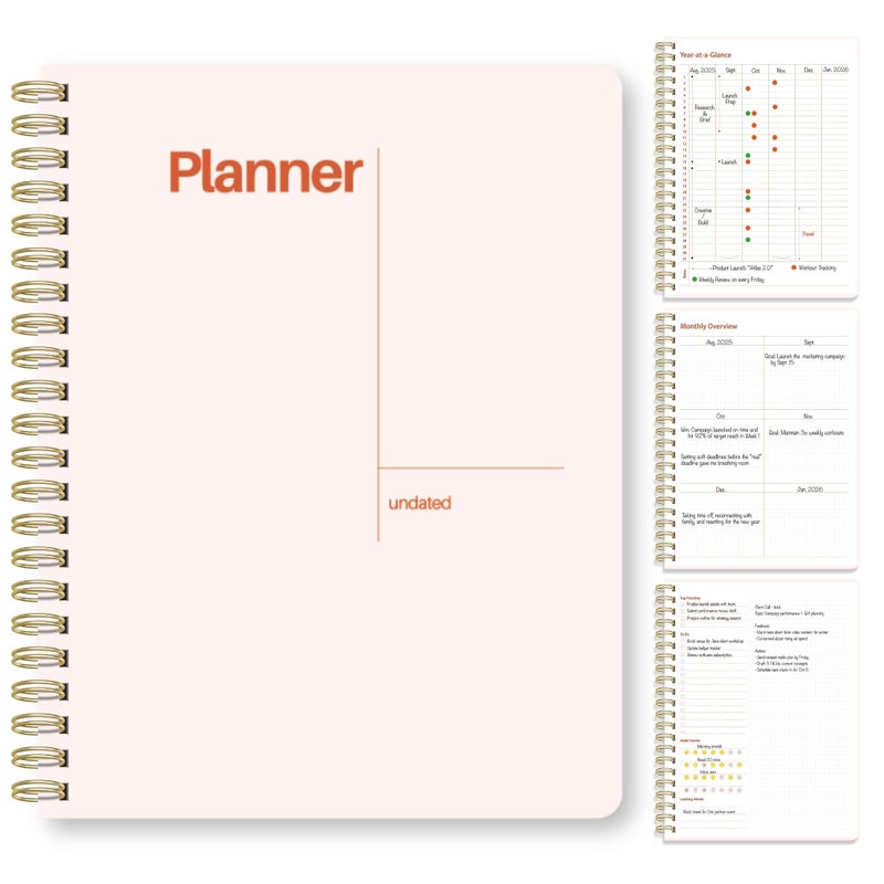 Pinkify It Undated Weekly Planner, 8.5x11â€ â€“ Dashboard Layout with Yearly Review, Monthly Calendars, & Weekly To Do List, Spiral Bound Organizer for Work, Study & Life (Blush White) - Image 1