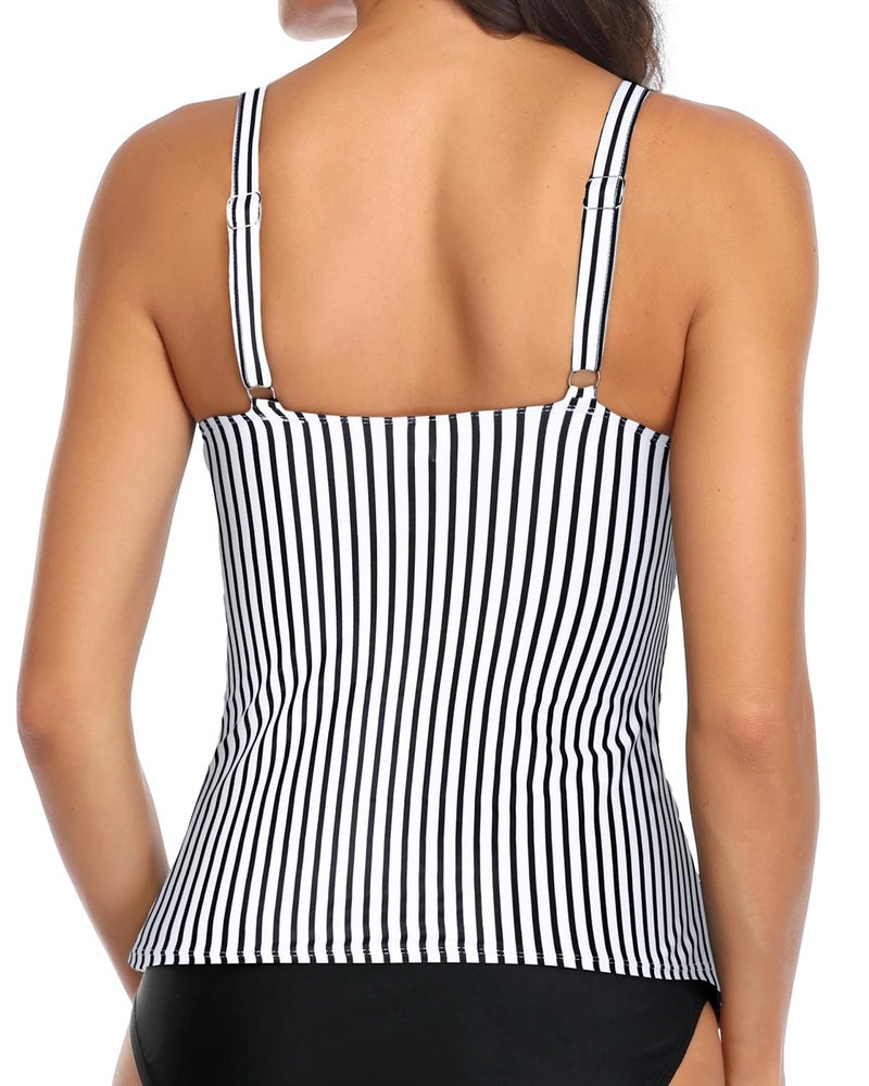 Yonique Women's Tankini Top Only Tummy Control Bathing Suit Top Ruffle Swimsuit Top V Neck Swim Tank Top No Bottom Black and White Striped L - Image 5