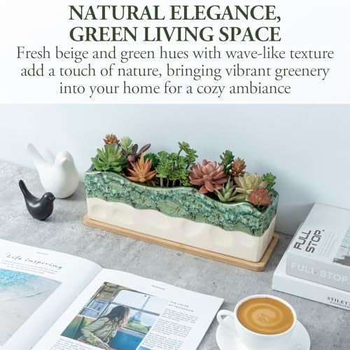 MyGift 13 Inch Large Rectangular Succulent Planter, Decorative Seafoam Green Glazed Beige Ceramic Indoor Plant Container Pot with Removable Bamboo Tray - Image 2